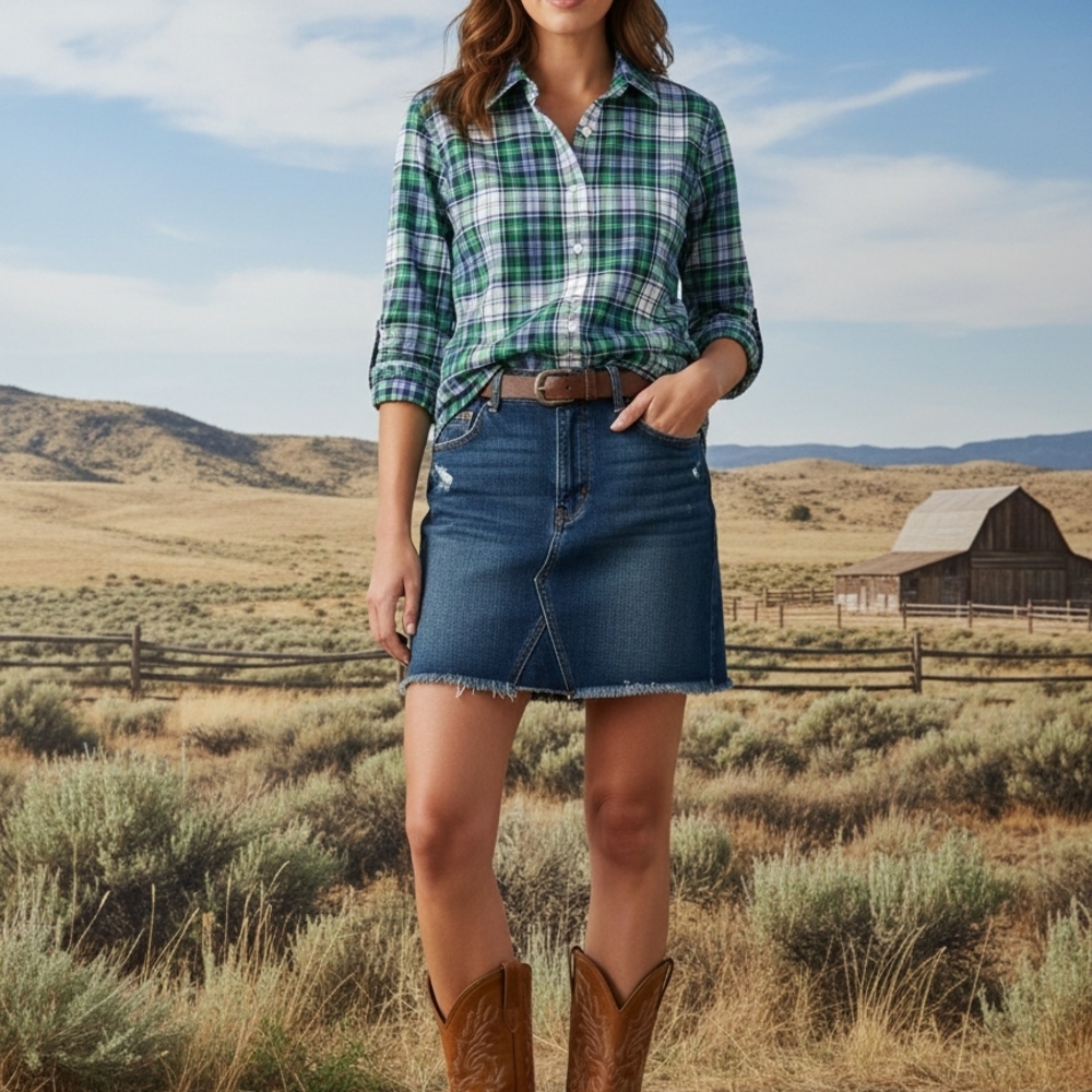 Shirt Only LLBean Petite Medium Wrinkle-Free Bayside Shirt - Green & Blue Plaid